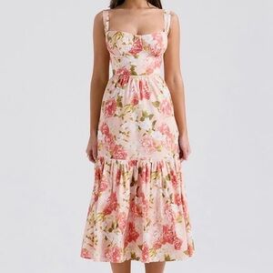 Floral Milkmaid Midi Dress | Size XS | Pink Rose Cocktail Dress